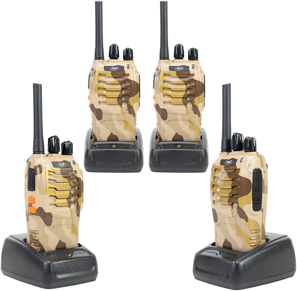 PNI PMR R40 Camo 0.5W nešiojamų radijo stotelių komplektas, 16 kanalų, ASQ, TOT, monitorius, programuojamas, 1200mAh Li-Ion baterijos, įkrovikliai ir ausinės komplekte, 4 vnt. rinkinys