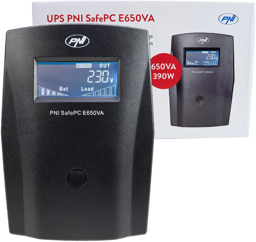 PNI PNPC SafePC E650VA UPS, galia 390W, 1.8A, 2 x 230V išvestis, LCD ekranas