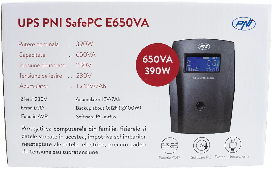 PNI PNPC SafePC E650VA UPS, galia 390W, 1.8A, 2 x 230V išvestis, LCD ekranas