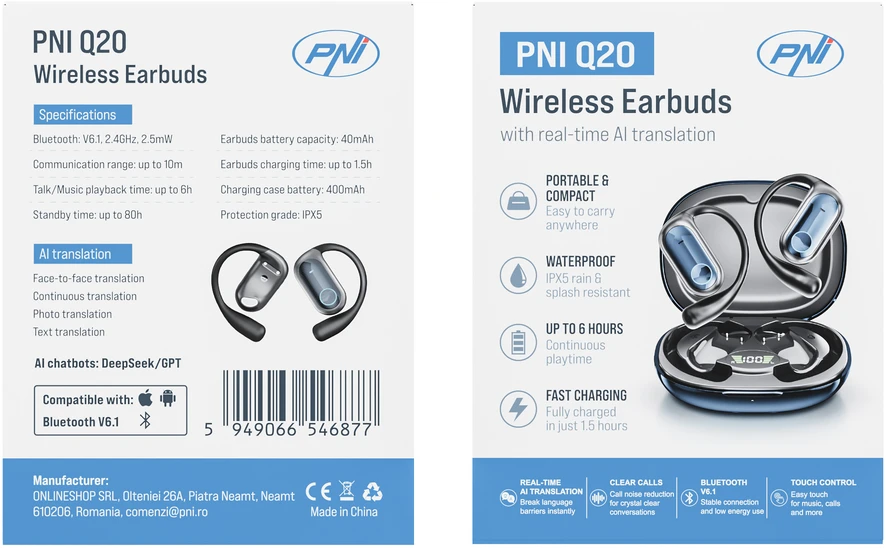 PNI Q20 belaidės ausinės su automatinio vertimo iš bet kurios kalbos funkcija