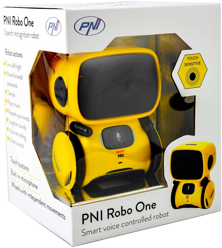 PNI Robo One interaktyvus išmanusis robotas, valdymas balsu, jutikliniai mygtukai, geltonas