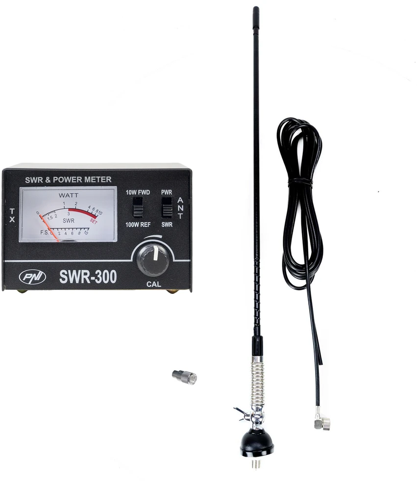 PNI S60 CB antena, 59 cm, su tvirtinimo elementu (butterfly), 4 m RG58 kabeliu ir PNI SWR-300 reflektometru SWR matavimui, juoda