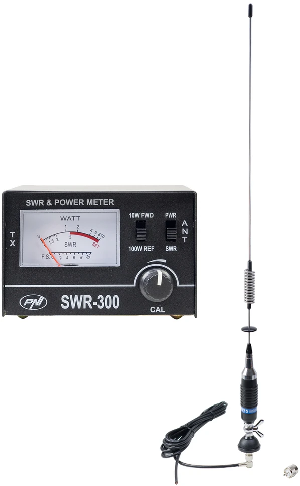 PNI S75 CB antena, 75 cm, su tvirtinimo varžtu, 4 m RG58 kabeliu ir PNI SWR-300 reflektometru SWR matavimui