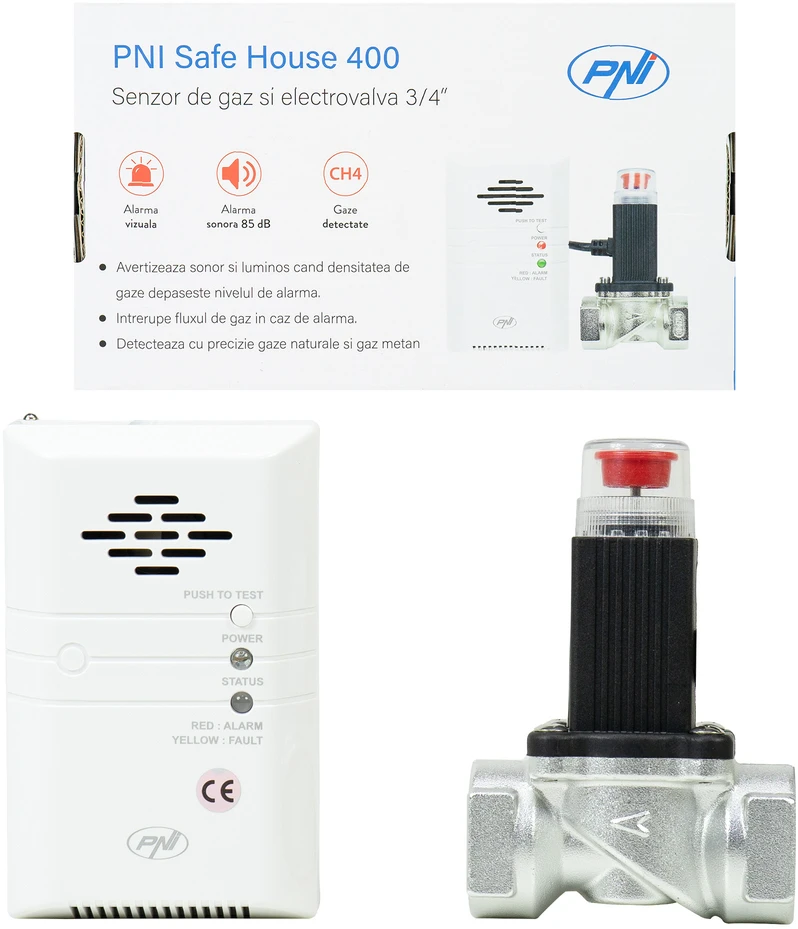 PNI Safe House 400 dujų jutiklio ir 3/4 colio solenoidinio vožtuvo komplektas, garsinis ir šviesos signalas, 85dB, aptinka gamtines dujas, metano dujas (CH4)