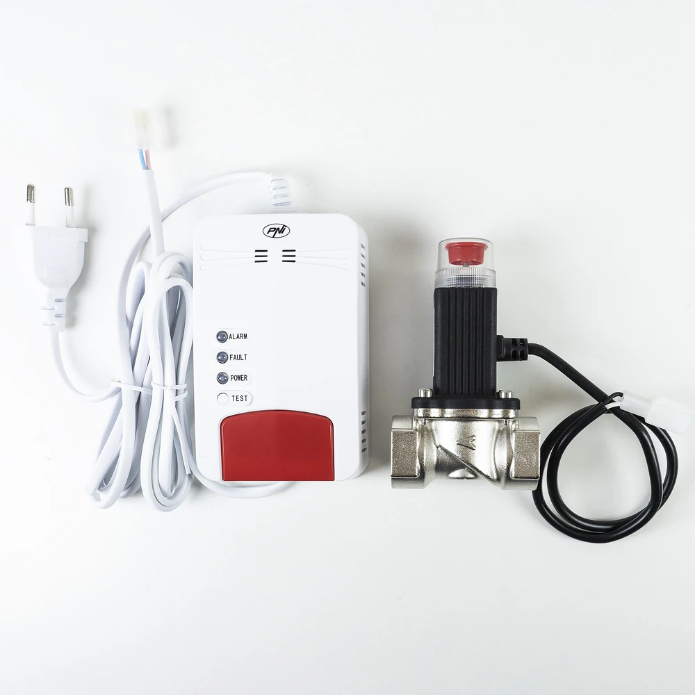 PNI Safe House Dual Gas 250 rinkinys su anglies monoksido (CO) jutikliu, gamtinių dujų jutikliu ir 3/4 colio elektromagnetiniu vožtuvu