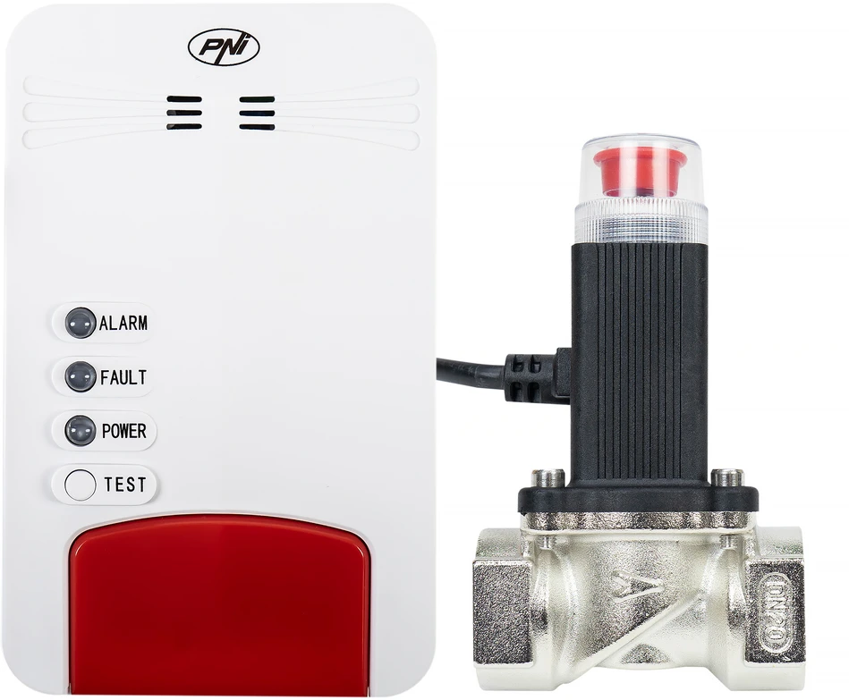 PNI Safe House Dual Gas 250 rinkinys su anglies monoksido (CO) jutikliu, gamtinių dujų jutikliu ir 3/4 colio elektromagnetiniu vožtuvu
