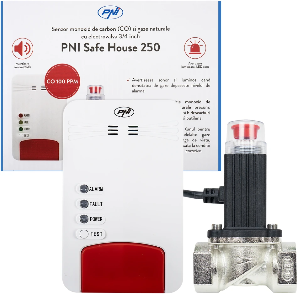 PNI Safe House Dual Gas 250 rinkinys su anglies monoksido (CO) jutikliu, gamtinių dujų jutikliu ir 3/4 colio elektromagnetiniu vožtuvu