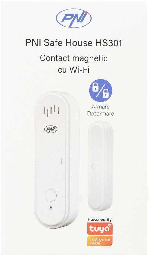 PNI Safe House HS301 magnetinis kontaktas su „Wi-Fi“, skirtas durų/langų stebėjimui per „Tuya Smart“ programėlę, 80 dB garsinis signalas, integruotas garsiakalbis, reguliuojamas garsumas, įjungimo/išjungimo funkcija, 3V maitinimo šaltinis