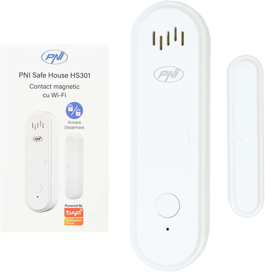 PNI Safe House HS301 magnetinis kontaktas su „Wi-Fi“, skirtas durų/langų stebėjimui per „Tuya Smart“ programėlę, 80 dB garsinis signalas, integruotas garsiakalbis, reguliuojamas garsumas, įjungimo/išjungimo funkcija, 3V maitinimo šaltinis