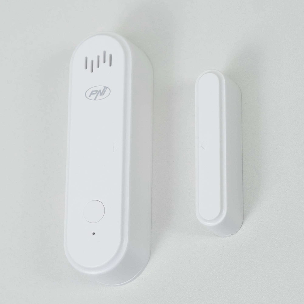 PNI Safe House HS301 magnetinis kontaktas su „Wi-Fi“, skirtas durų/langų stebėjimui per „Tuya Smart“ programėlę, 80 dB garsinis signalas, integruotas garsiakalbis, reguliuojamas garsumas, įjungimo/išjungimo funkcija, 3V maitinimo šaltinis
