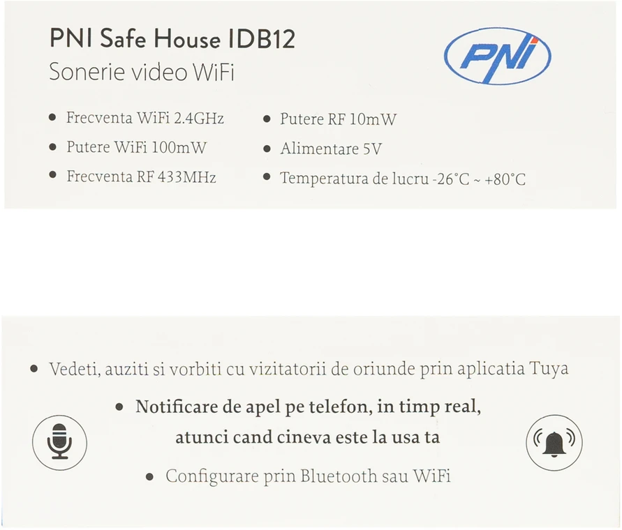 PNI Safe House IDB12 vaizdo durų skambutis, WiFi, naktinis matymas, IP54, integruota baterija, valdymas per Tuya programėlę