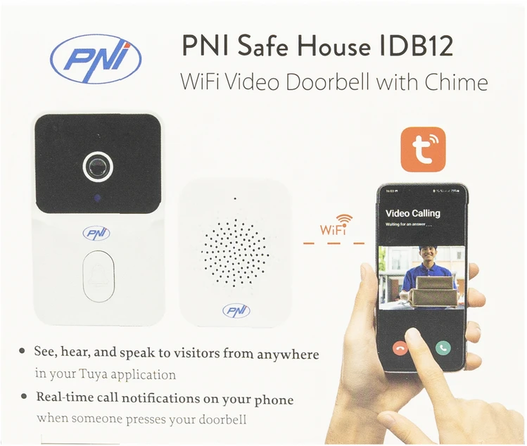 PNI Safe House IDB12 vaizdo durų skambutis, WiFi, naktinis matymas, IP54, integruota baterija, valdymas per Tuya programėlę