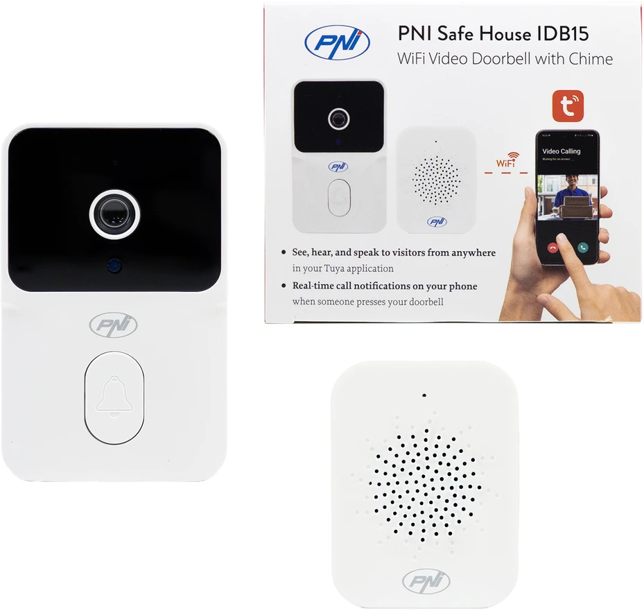 PNI Safe House IDB15 WiFi vaizdo durų skambutis, naktinis matymas, IP54, integruota baterija, valdymas per „Tuya“ programėlę