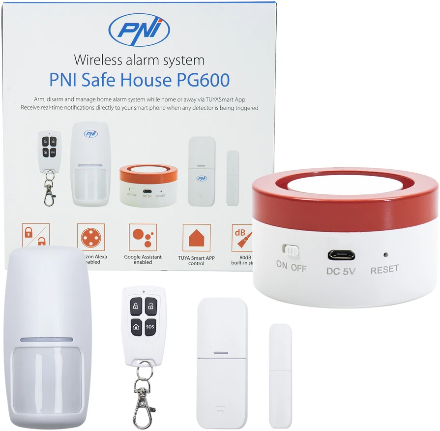 PNI Safe House PG600 belaidė signalizacijos sistema, išmani namų apsaugos sistema, belaidis ryšys, apsaugos nuo įsilaužimo signalizacija, belaidė signalizacija, išmanūs pranešimai per TUYA iOS / Android programėlę, suderinama su Alexa ir Google Assistant