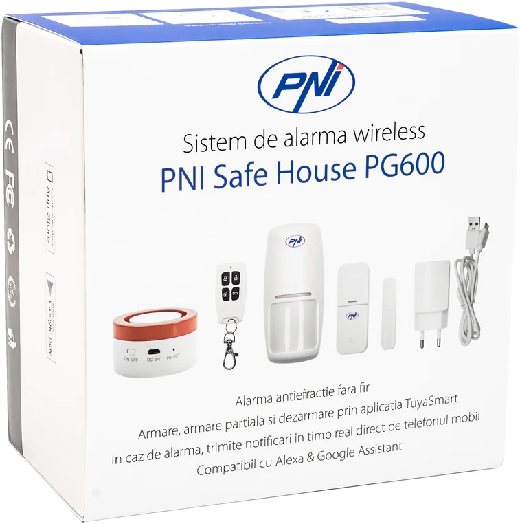 PNI Safe House PG600 belaidė signalizacijos sistema, išmani namų apsaugos sistema, belaidis ryšys, apsaugos nuo įsilaužimo signalizacija, belaidė signalizacija, išmanūs pranešimai per TUYA iOS / Android programėlę, suderinama su Alexa ir Google Assistant