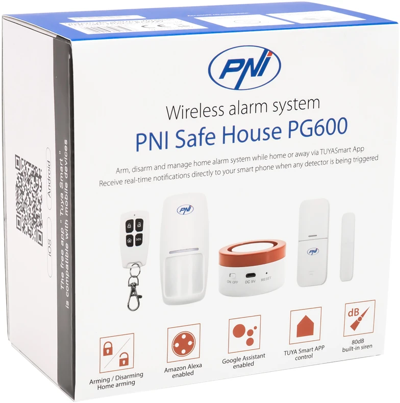 PNI Safe House PG600 belaidė signalizacijos sistema, išmani namų apsaugos sistema, belaidis ryšys, apsaugos nuo įsilaužimo signalizacija, belaidė signalizacija, išmanūs pranešimai per TUYA iOS / Android programėlę, suderinama su Alexa ir Google Assistant