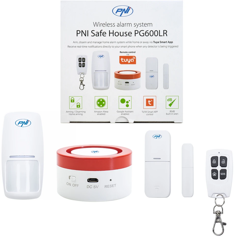 PNI Safe House PG600LR belaidė signalizacijos sistema, išmani namų apsaugos sistema, belaidis ryšys, apsaugos nuo įsilaužimo signalizacija, belaidė signalizacija, išmanieji įspėjimai per TUYA iOS / Android programėlę, suderinama su Alexa ir Google Assistant