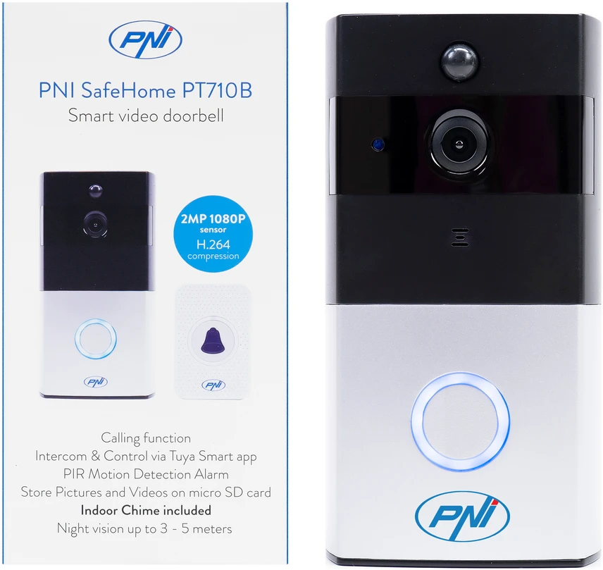 PNI SafeHome PT710B WiFi HD išmanioji vaizdo telefonspynė, P2P, baterija, skirta „Tuya Smart“ programėlė, integracija į scenarijus ir išmanioji automatizacija su kitais „Tuya“ suderinamais produktais