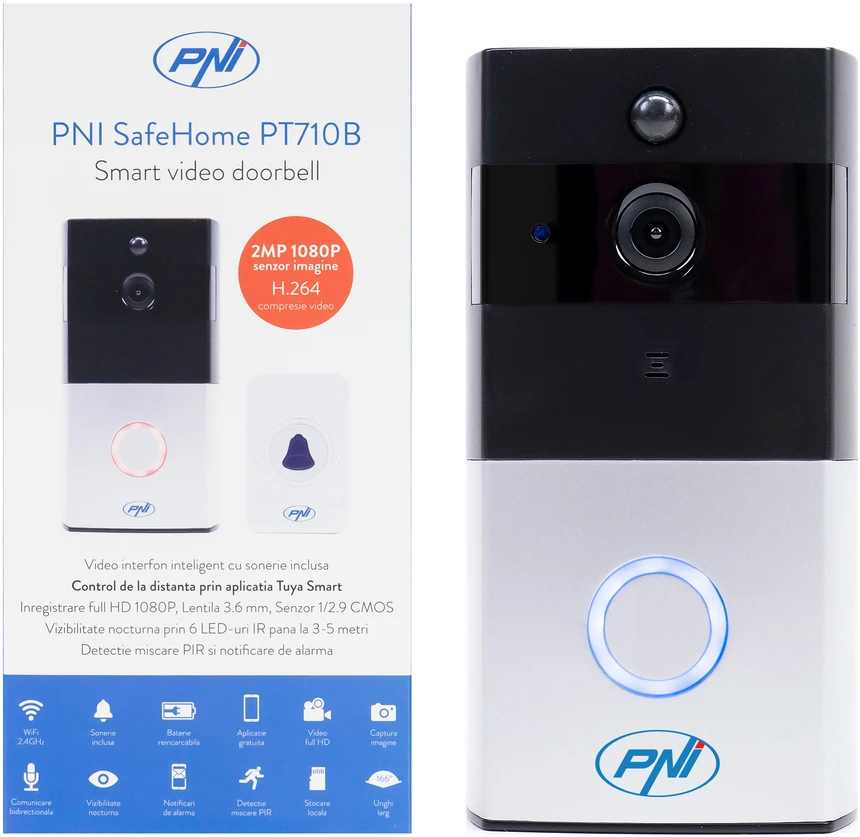PNI SafeHome PT710B WiFi HD išmanioji vaizdo telefonspynė, P2P, baterija, skirta „Tuya Smart“ programėlė, integracija į scenarijus ir išmanioji automatizacija su kitais „Tuya“ suderinamais produktais