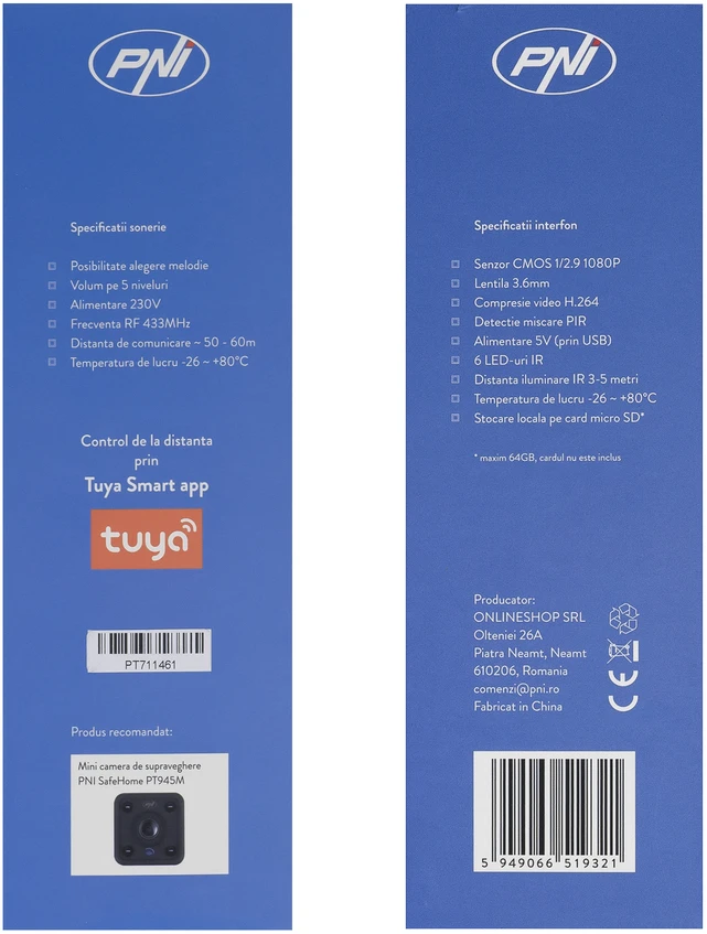 PNI SafeHome PT710B WiFi HD išmanioji vaizdo telefonspynė, P2P, baterija, skirta „Tuya Smart“ programėlė, integracija į scenarijus ir išmanioji automatizacija su kitais „Tuya“ suderinamais produktais