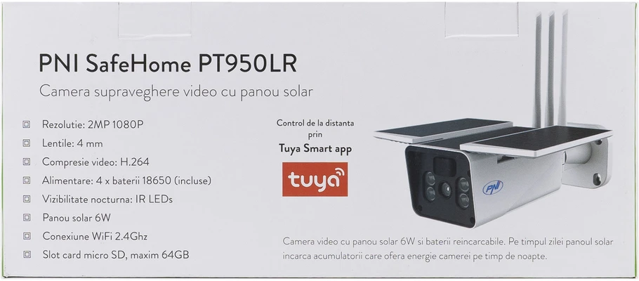 PNI SafeHome PT950LR 1080P vaizdo stebėjimo kamera su 6W saulės baterija, WiFi, akumuliatoriumi, valdymu per „Tuya Smart“ programėlę, integracija į scenarijus ir išmaniąja automatizacija su kitais „Tuya“ suderinamais produktais