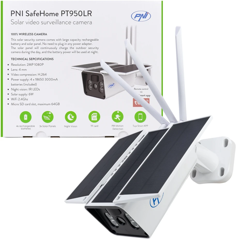PNI SafeHome PT950LR 1080P vaizdo stebėjimo kamera su 6W saulės baterija, WiFi, akumuliatoriumi, valdymu per „Tuya Smart“ programėlę, integracija į scenarijus ir išmaniąja automatizacija su kitais „Tuya“ suderinamais produktais