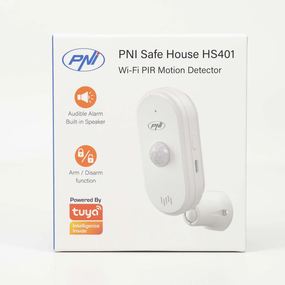 PNI SafeHouse HS401 PIR judesio jutiklis su „Wi-Fi“, suderinamas su „Tuya“ programa, 80dB garsinis signalas, integruotas garsiakalbis, 5V USB C maitinimo šaltinis