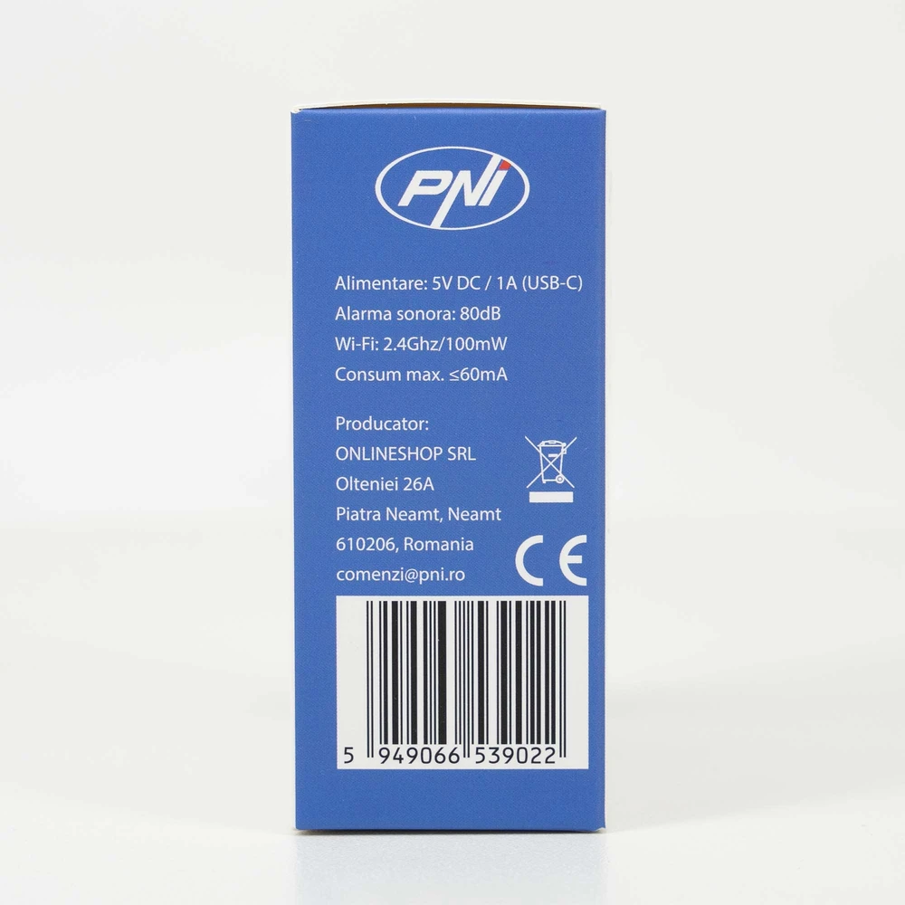 PNI SafeHouse HS401 PIR judesio jutiklis su „Wi-Fi“, suderinamas su „Tuya“ programa, 80dB garsinis signalas, integruotas garsiakalbis, 5V USB C maitinimo šaltinis