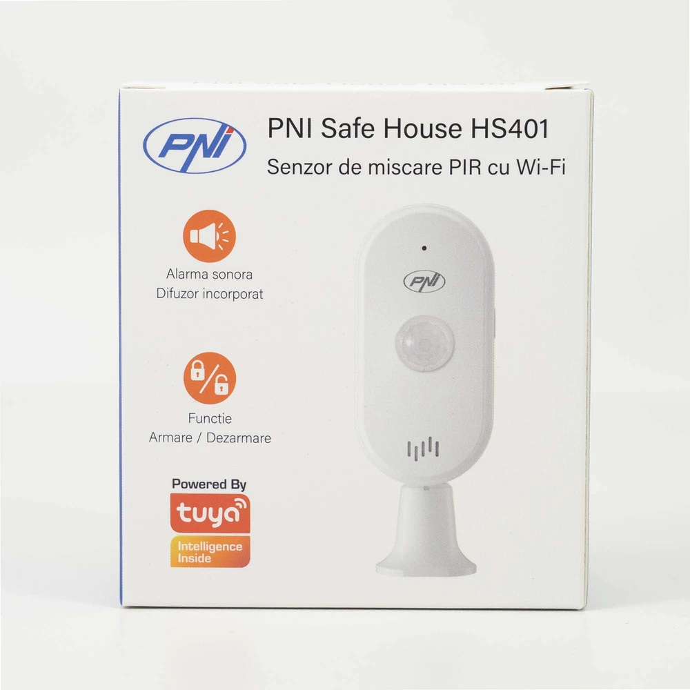 PNI SafeHouse HS401 PIR judesio jutiklis su „Wi-Fi“, suderinamas su „Tuya“ programa, 80dB garsinis signalas, integruotas garsiakalbis, 5V USB C maitinimo šaltinis