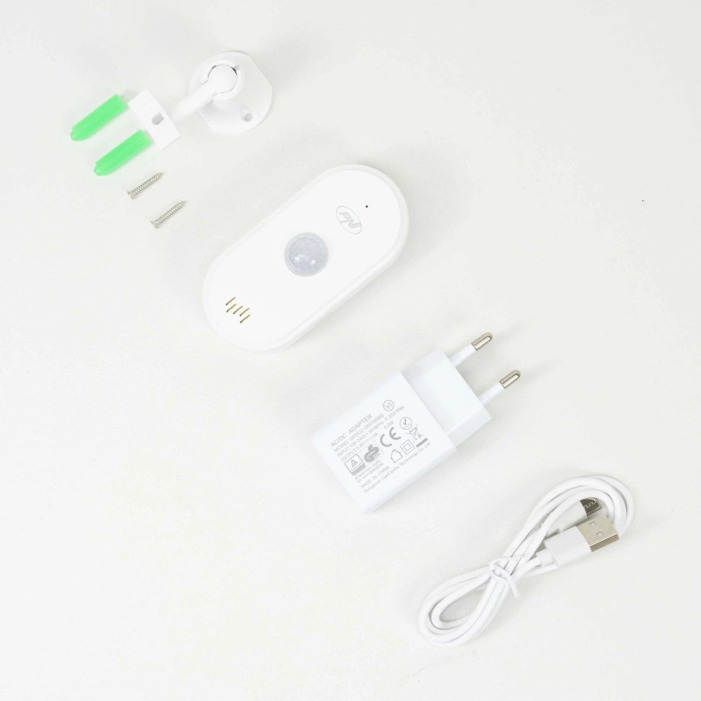 PNI SafeHouse HS401 PIR judesio jutiklis su „Wi-Fi“, suderinamas su „Tuya“ programa, 80dB garsinis signalas, integruotas garsiakalbis, 5V USB C maitinimo šaltinis