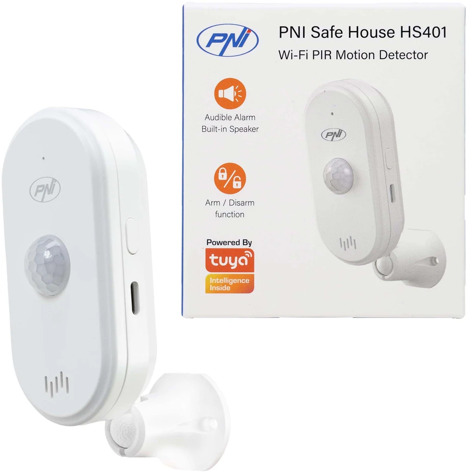 PNI SafeHouse HS401 PIR judesio jutiklis su „Wi-Fi“, suderinamas su „Tuya“ programa, 80dB garsinis signalas, integruotas garsiakalbis, 5V USB C maitinimo šaltinis