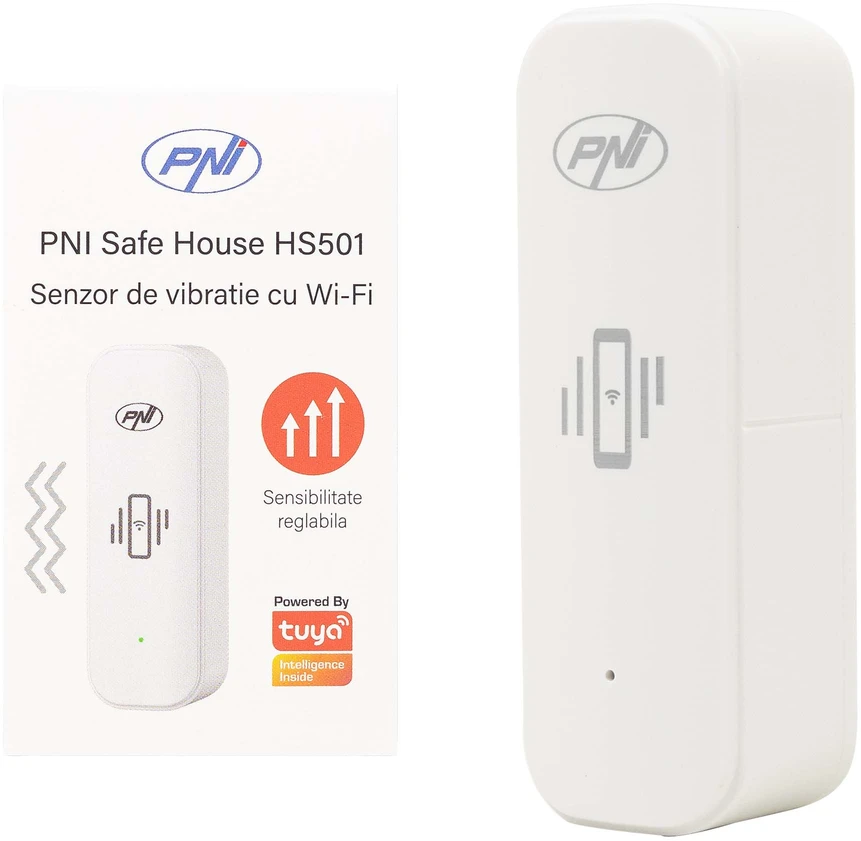 PNI SafeHouse HS501 vibracijos jutiklis su „Wi-Fi“, suderinamas su „Tuya“ programa, 3V maitinimo šaltinis