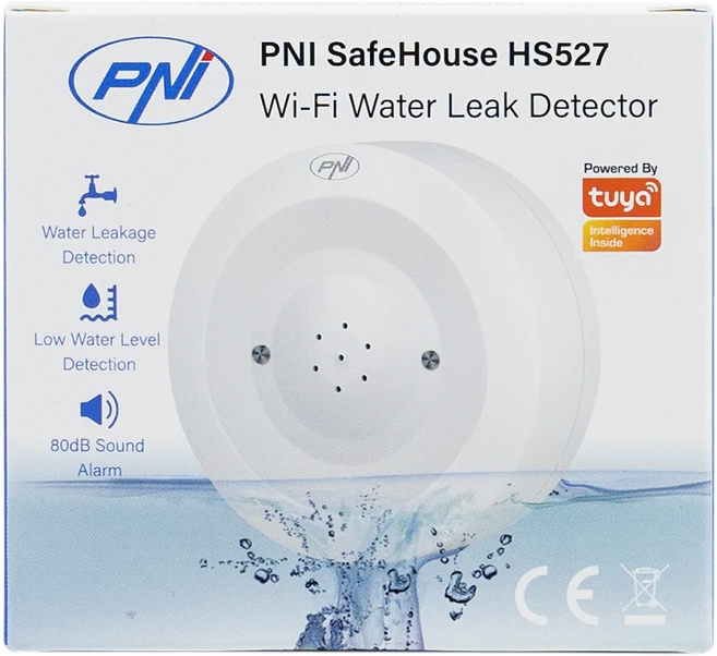 PNI SafeHouse HS527 potvynio jutiklis su „Wi-Fi“, 80dB garso signalu, integruotu garsiakalbiu, skirtas potvyniams ir nuotėkiams aptikti, suderinamas su „Tuya“ programėle, 3V maitinimo šaltinis