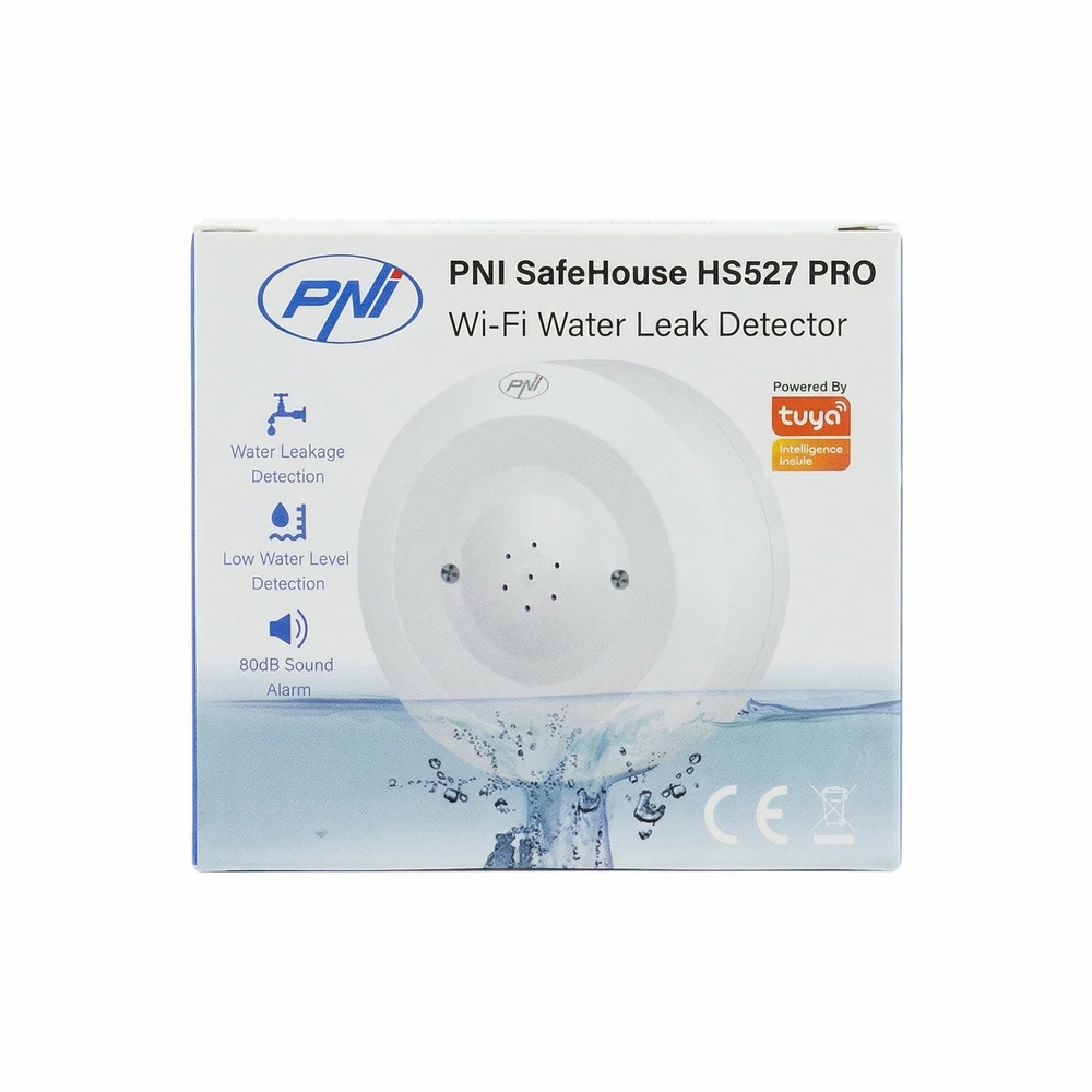 PNI SafeHouse HS527 PRO potvynio jutiklis su „Wi-Fi“, 80 dB garso signalu, integruotu garsiakalbiu, skirtas aptikti užliejimą ir lašėjimą, suderinamas su „Tuya“ programa