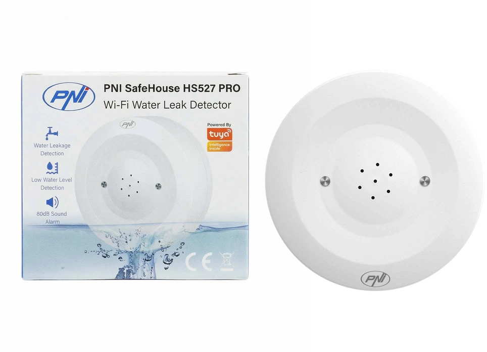 PNI SafeHouse HS527 PRO potvynio jutiklis su „Wi-Fi“, 80 dB garso signalu, integruotu garsiakalbiu, skirtas aptikti užliejimą ir lašėjimą, suderinamas su „Tuya“ programa