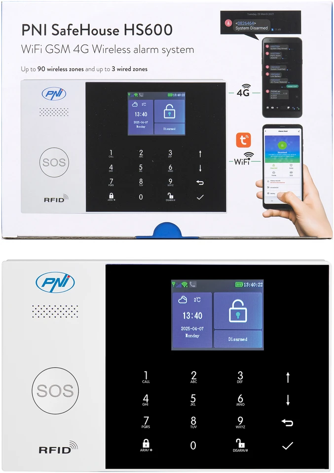 PNI SafeHouse HS600 belaidė Wifi GSM 4G signalizacijos sistema, palaiko 90 belaidžių zonų ir 3 laidines zonas, suderinama su Tuya Smart programėle, SMS įspėjimai, balso skambučiai, pranešimai į telefoną