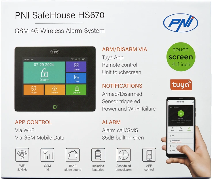 PNI SafeHouse HS670 WiFi GSM 4G belaidė signalizacijos sistema, spalvotas jutiklinis ekranas, 99 belaidės zonos, palaiko 5 telefono numerius, aliarminiai skambučiai ir SMS, suderinama su „Tuya Smart“ programėle.
