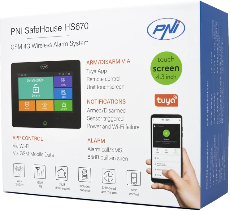 PNI SafeHouse HS670 WiFi GSM 4G belaidė signalizacijos sistema, spalvotas jutiklinis ekranas, 99 belaidės zonos, palaiko 5 telefono numerius, aliarminiai skambučiai ir SMS, suderinama su „Tuya Smart“ programėle.