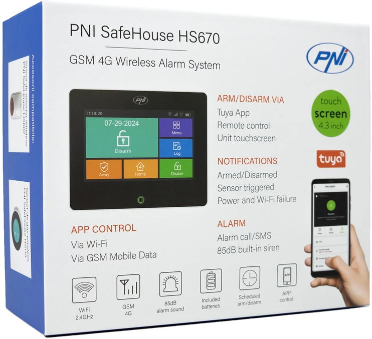 PNI SafeHouse HS670 WiFi GSM 4G belaidė signalizacijos sistema, spalvotas jutiklinis ekranas, 99 belaidės zonos, palaiko 5 telefono numerius, aliarminiai skambučiai ir SMS, suderinama su „Tuya Smart“ programėle.