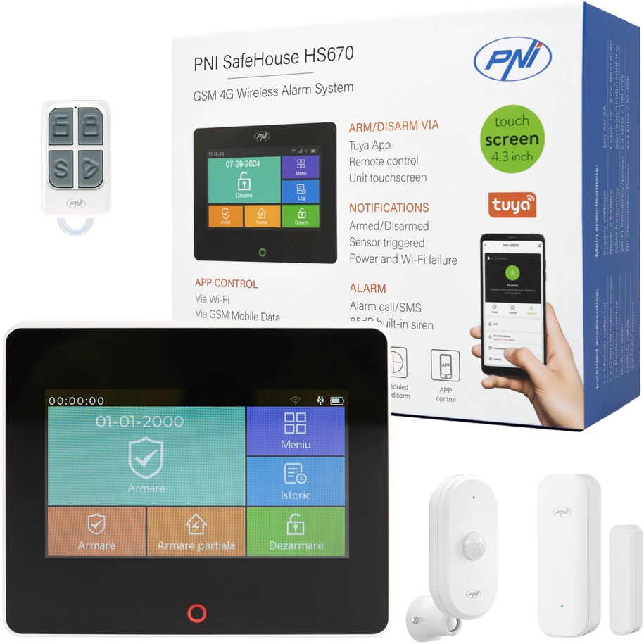PNI SafeHouse HS670 WiFi GSM 4G belaidė signalizacijos sistema, spalvotas jutiklinis ekranas, 99 belaidės zonos, palaiko 5 telefono numerius, aliarminiai skambučiai ir SMS, suderinama su „Tuya Smart“ programėle.