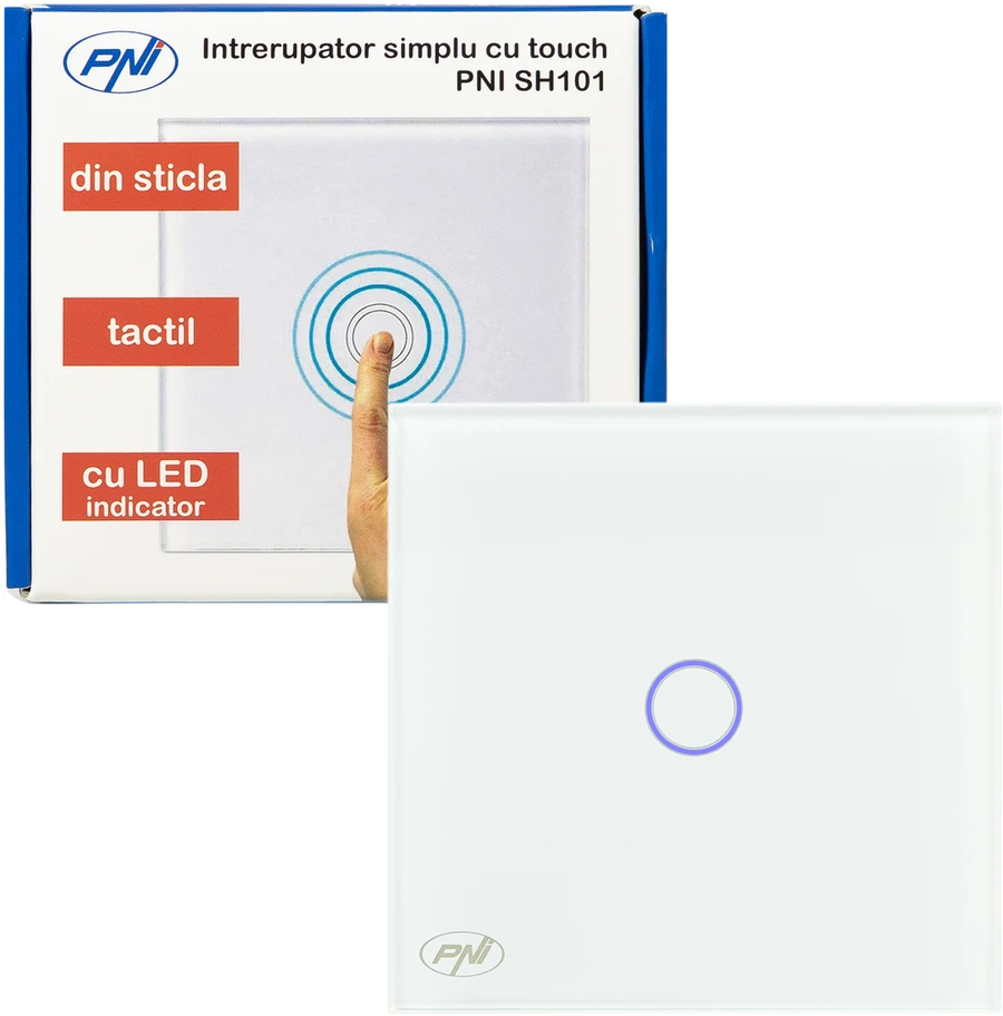 PNI SH101 stiklinis jutiklinis jungiklis, baltas su LED indikatoriumi