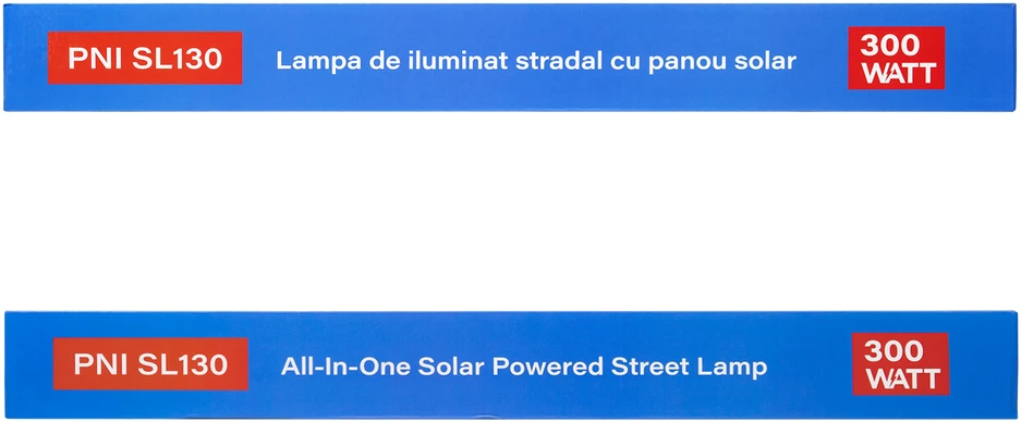 PNI SL130 300W gatvių apšvietimo lempa, su integruota 20W saulės baterija, 6500K, 2900lm, 4 x integruota 20Ah baterija, mikrobangų judesio jutiklis
