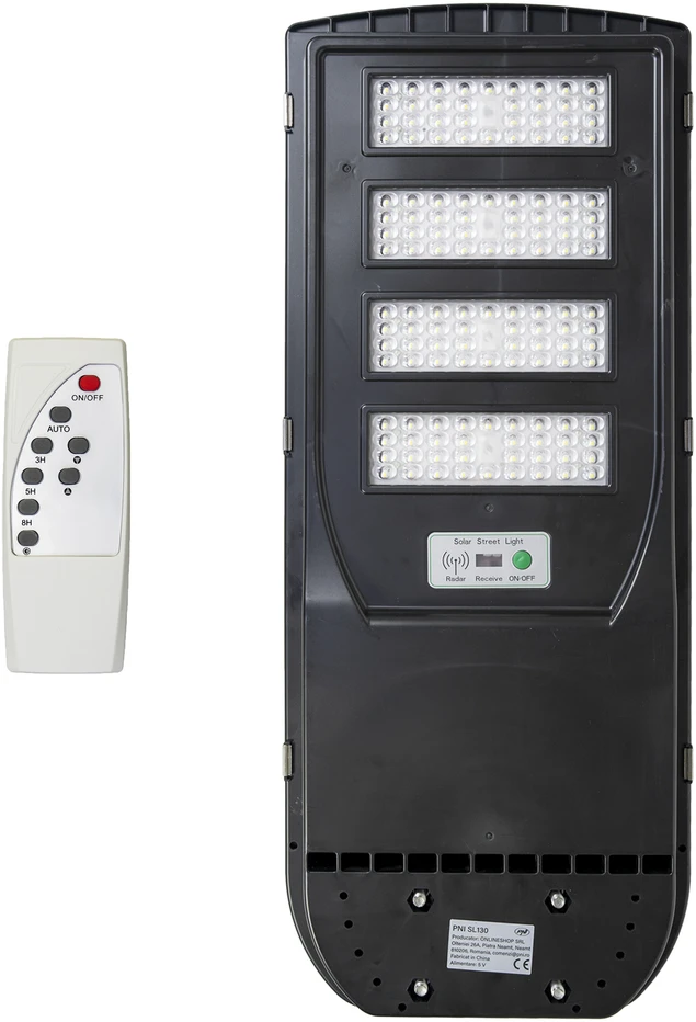 PNI SL130 300W gatvių apšvietimo lempa, su integruota 20W saulės baterija, 6500K, 2900lm, 4 x integruota 20Ah baterija, mikrobangų judesio jutiklis
