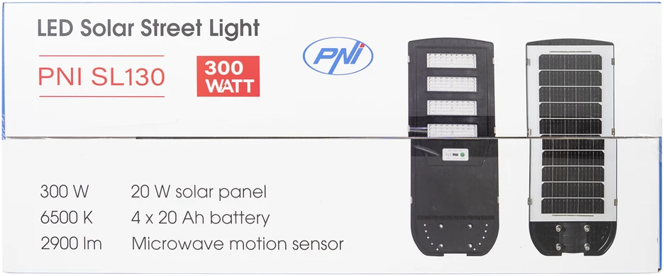 PNI SL130 300W gatvių apšvietimo lempa, su integruota 20W saulės baterija, 6500K, 2900lm, 4 x integruota 20Ah baterija, mikrobangų judesio jutiklis