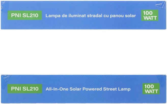 PNI SL210 100W gatvių apšvietimo lempa, su integruota 10W saulės baterija, 6500K, 1000lm, 2 x integruota 10Ah baterija, mikrobangų judesio jutiklis