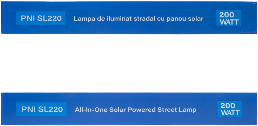 PNI SL220 200W gatvių apšvietimo lempa, su integruota 15W saulės baterija, 6500K, 1700lm, 3 x integruota 15Ah baterija, mikrobangų judesio jutiklis