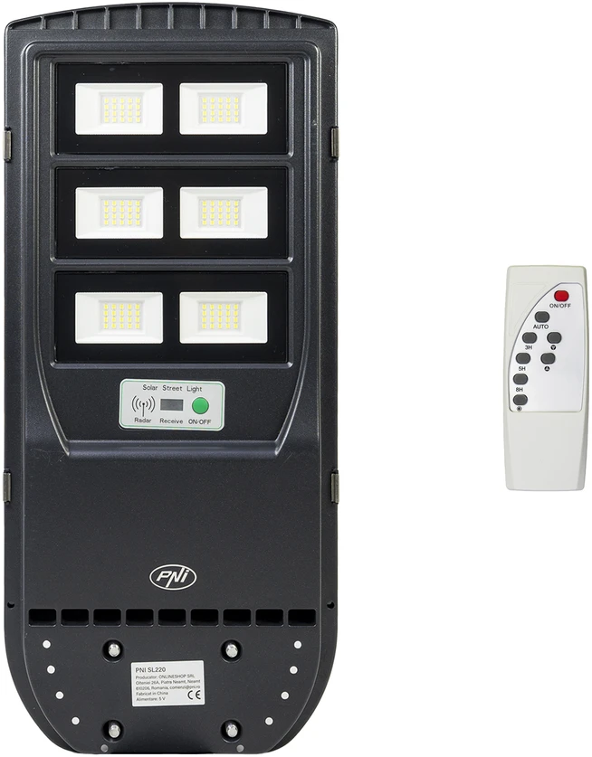 PNI SL220 200W gatvių apšvietimo lempa, su integruota 15W saulės baterija, 6500K, 1700lm, 3 x integruota 15Ah baterija, mikrobangų judesio jutiklis