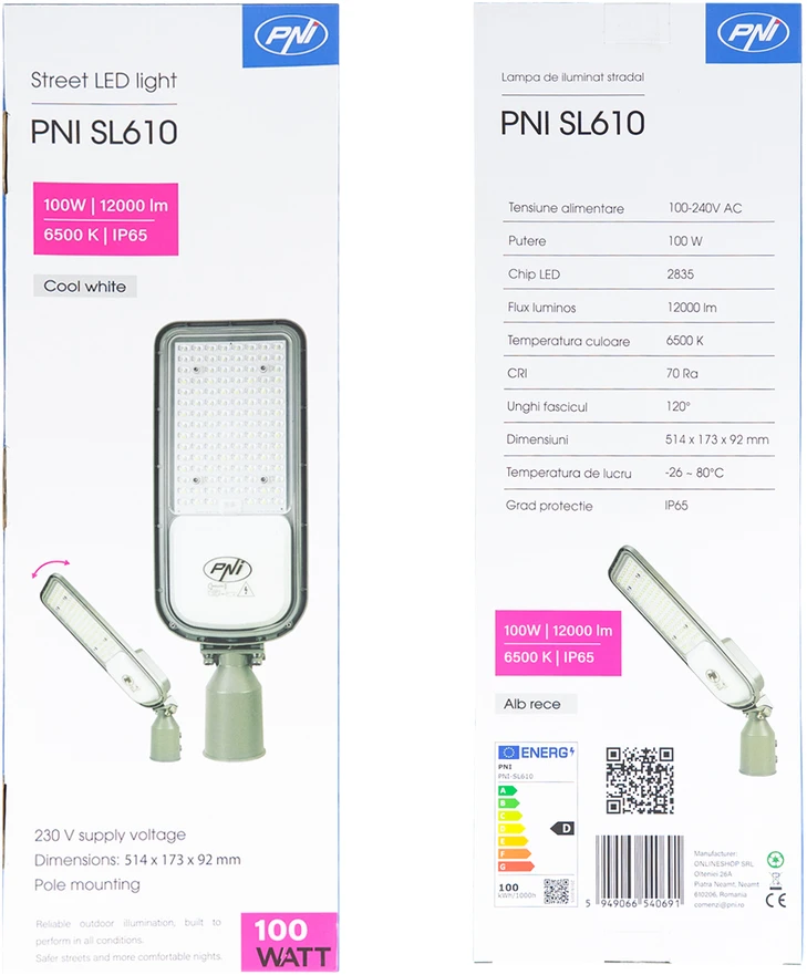 PNI SL610 100W gatvių apšvietimo šviestuvas, 12000lm, 6500K, 230V