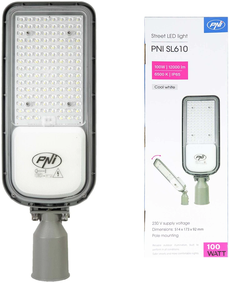 PNI SL610 100W gatvių apšvietimo šviestuvas, 12000lm, 6500K, 230V