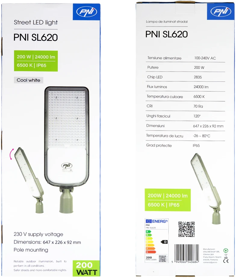 PNI SL620 200W gatvių apšvietimo šviestuvas, 24000lm, 6500K, 230V